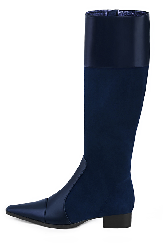Navy blue women's riding knee-high boots. Tapered toe. Low leather soles. Made to measure. Profile view - Florence KOOIJMAN